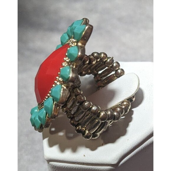 Bohemian Blue And Red Gemmed Floral Stretch Ring Size 7 - Picture 3 of 12